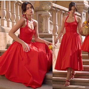 HOUSE OF CB 'Adabella' Italian Tomato Cotton Halter Sundress NWOT‎ size L
